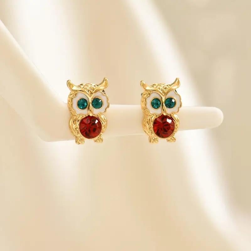 Серьги гвоздики женские LuxAurum398 Сова с зелеными глазами и красным кристаллом 1,4 см Золотистый (35473911)