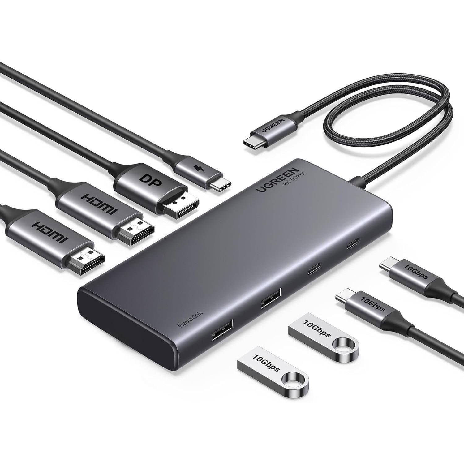 Док-станція UGREEN USB-C потрійний 4K дисплей 10Гбіт/с USB 3.2 PD 100Вт 30 см Сірий (35625)