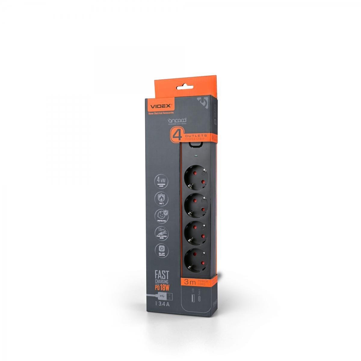 Подовжувач чотиримісний мережевий Videx Oncord з заземленням і кнопкою 3,4А USB QC3.0 USB-C PD18W 3 м Чорний (27849029)