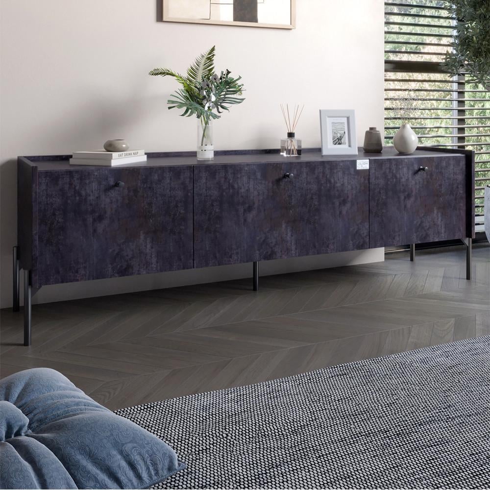 Тумба под телевизор на 3 ящика Lion Wood с черными ножками 160х65х40 см Бетон темный (Lion-043095)