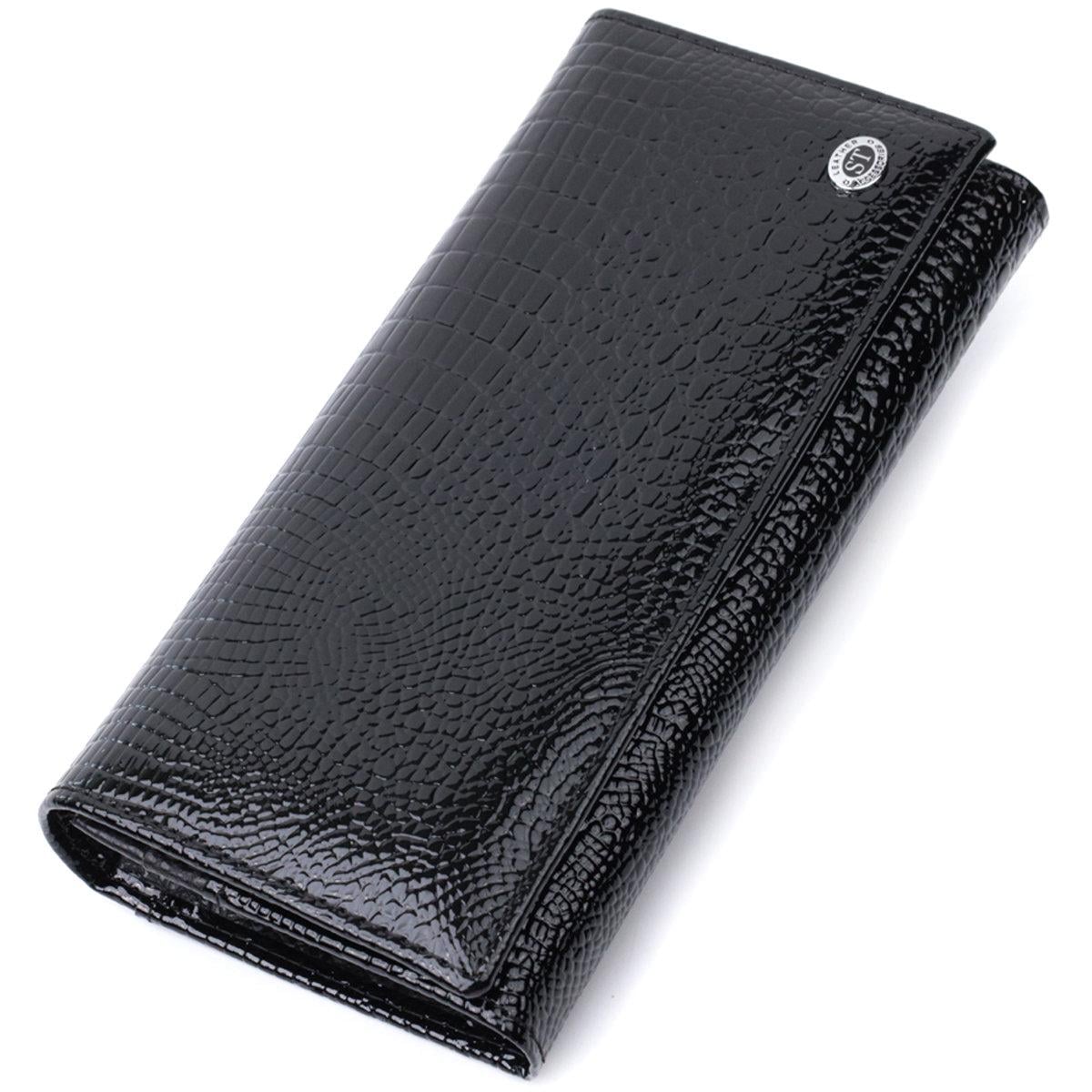 Кошелек женский ST Leather 22679 лакированный из натуральной кожи под рептилию Черный (168-136-22679)