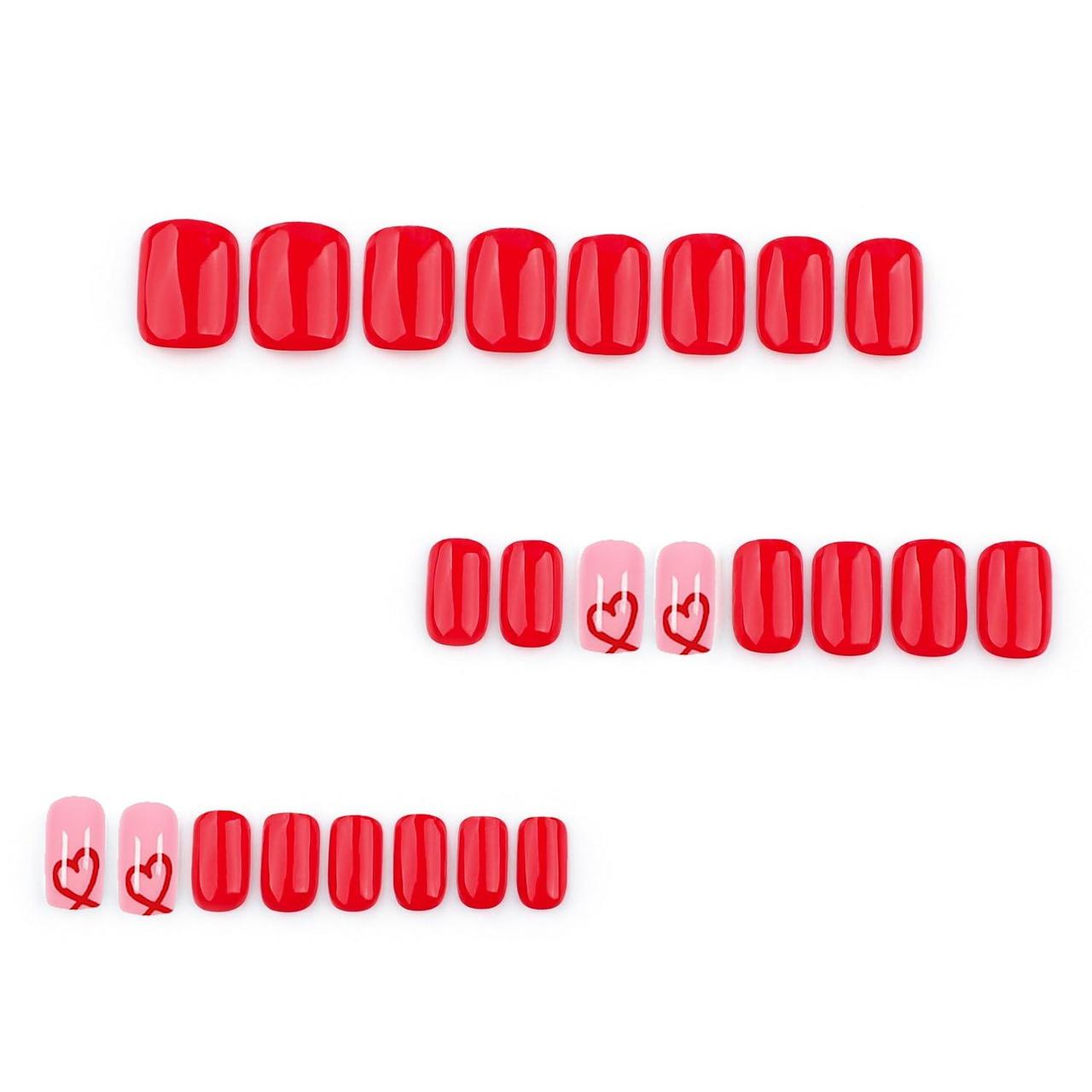 Накладные ногти с сердцем квадрат средней длины с клеевыми пластинами 24 шт. Алый (2789190676) - фото 5