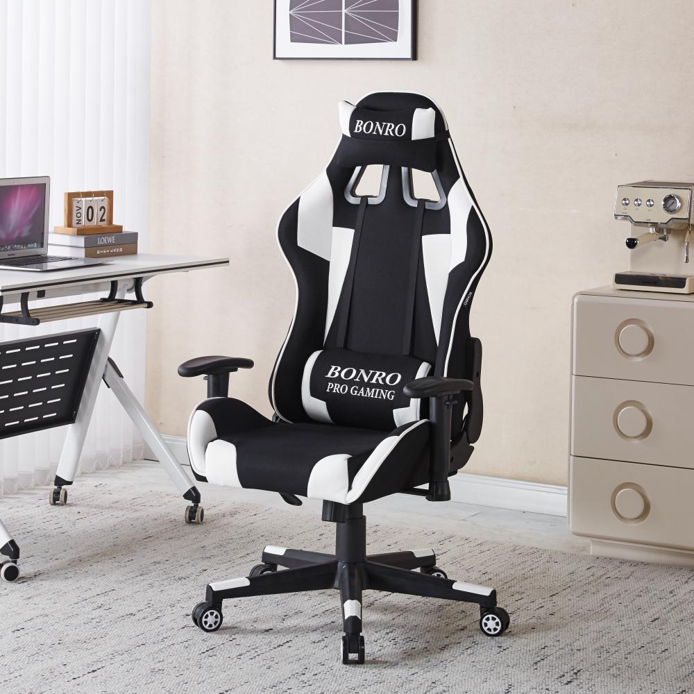 Кресло геймерское Bonro B-142 эргономичное с подушкой и подлокотниками до 120 кг Белый (147-76-42401118 )