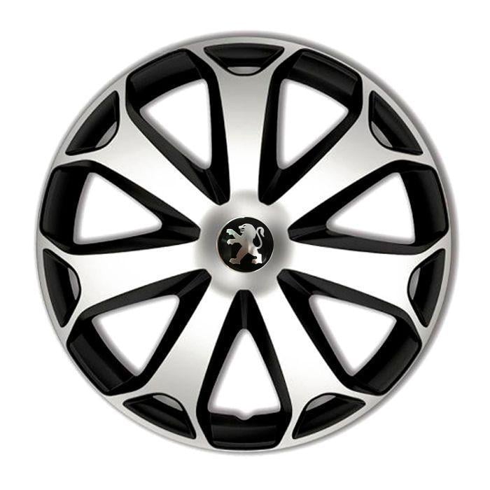 Колпаки для колес 4 Racing Mega R15 с логотипом Peugeot 4 шт. Silver/Black