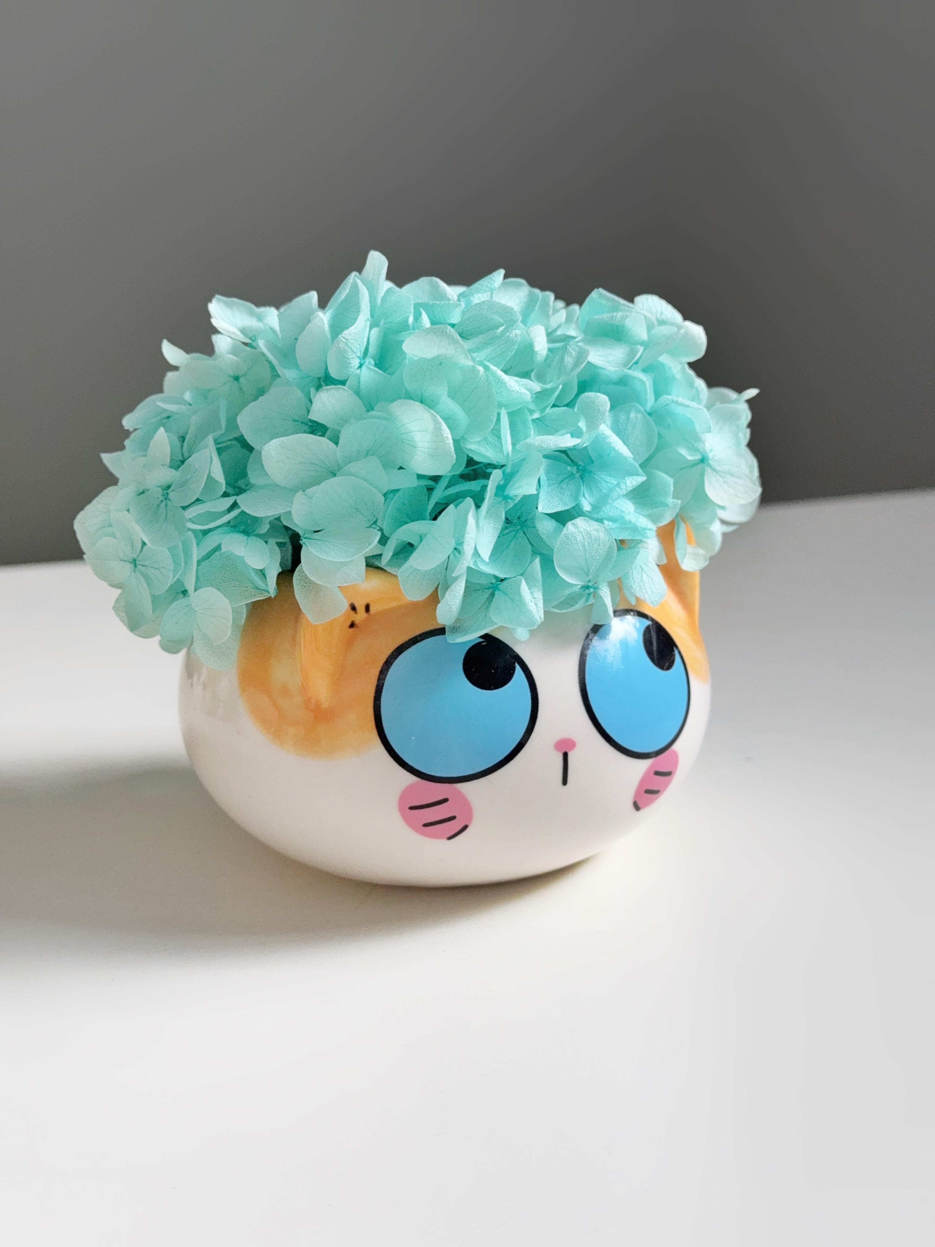 Кашпо круглий кіт із блакитною гортензією 9х9х6 см