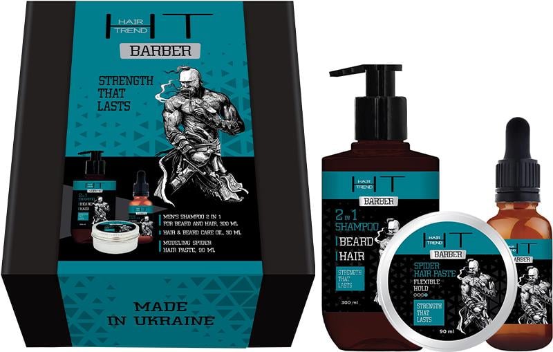 Подарочный набор косметики мужской Hair Trend Barber для ухода и стайлинга волос шампунь 300 мл/масло 30 мл/паста 90 мл (29580605) Подарочный набор косметики мужской Hair Trend Barber для ухода и стайлинга волос шампунь 300 мл/масло 30 мл/паста 90 мл (29580605)