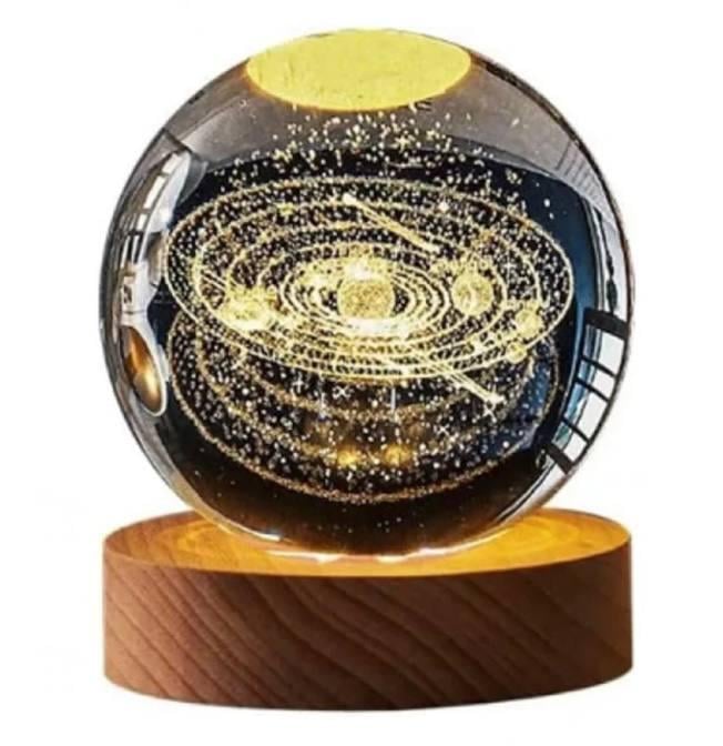 Ночник-хрустальный шар Система планет на деревянной подставке LED подсветки/от USB 8 см (м00258)