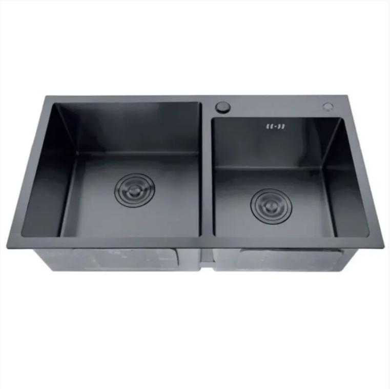 Мойка кухонная Zerix ZH7843D-215 из нержавеющей стали 3,0/0,8 мм интегрированная две чаши Nano-Black (MX1594)