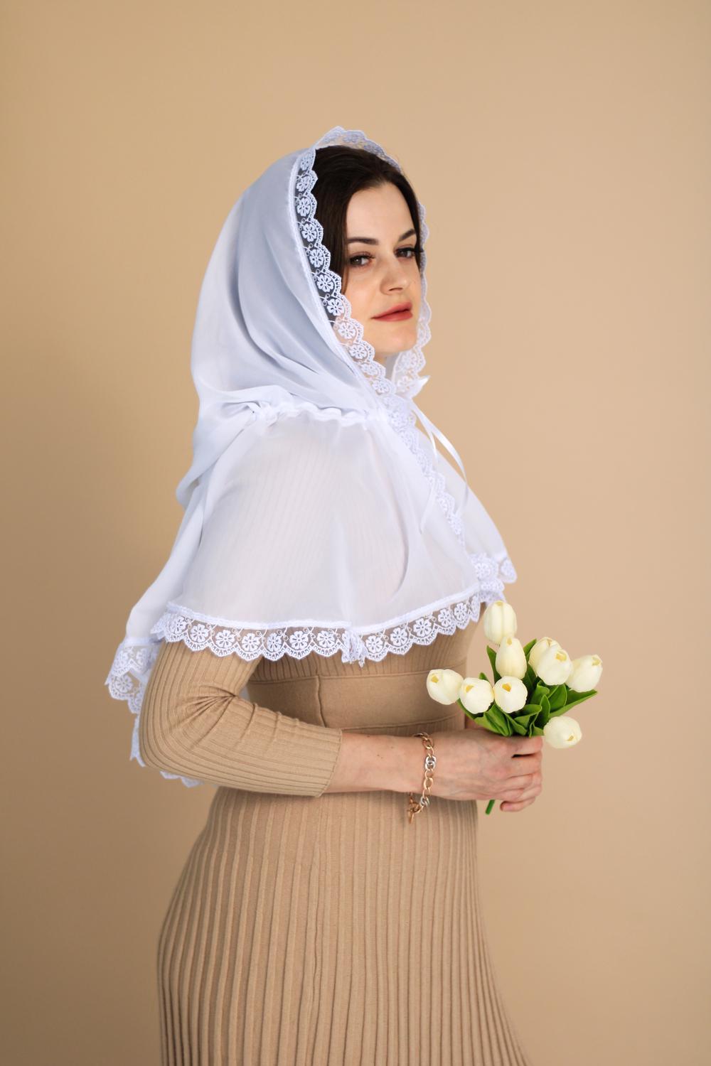 Палантин для храма на голову 80x120 см Белый (п001) - фото 7 Палантин для храма на голову 80x120 см Белый (п001) - фото 7