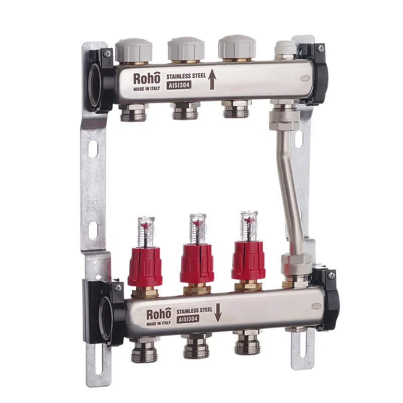Коллектор с расходомерами и термостатическими клапанами с байпасом Roho R814-03 1"х3 вых (RO0046)