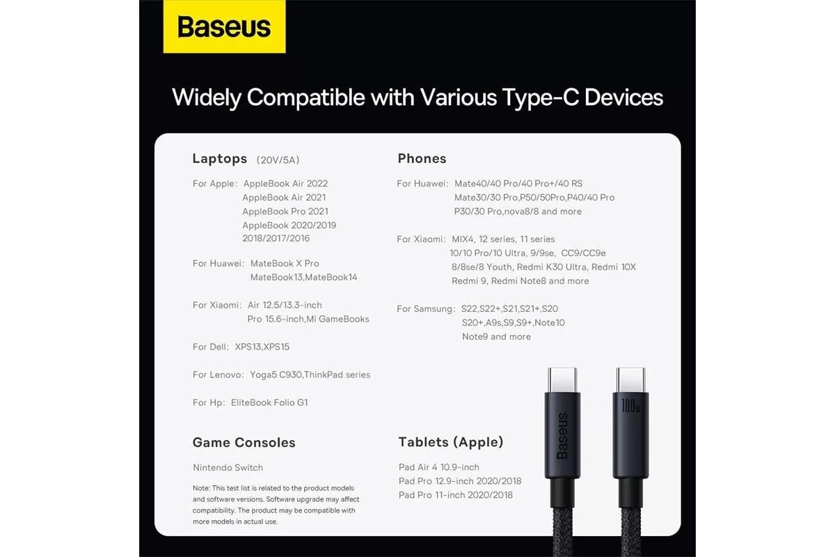 Кабель быстрая зарядка 100W PD 5A Baseus Type-C to Type-C (23373340) - фото 6