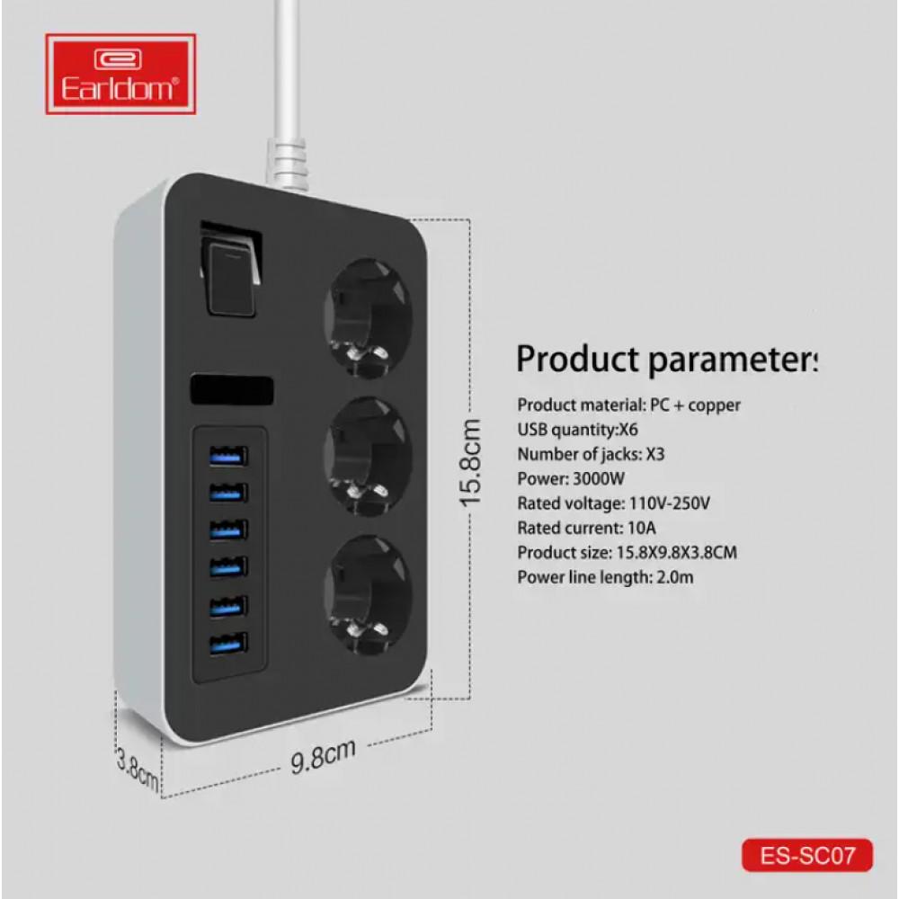 Подовжувач мережевий Earldom ES-SC07 6U 3P 3.1A 2 м Чорний - фото 3