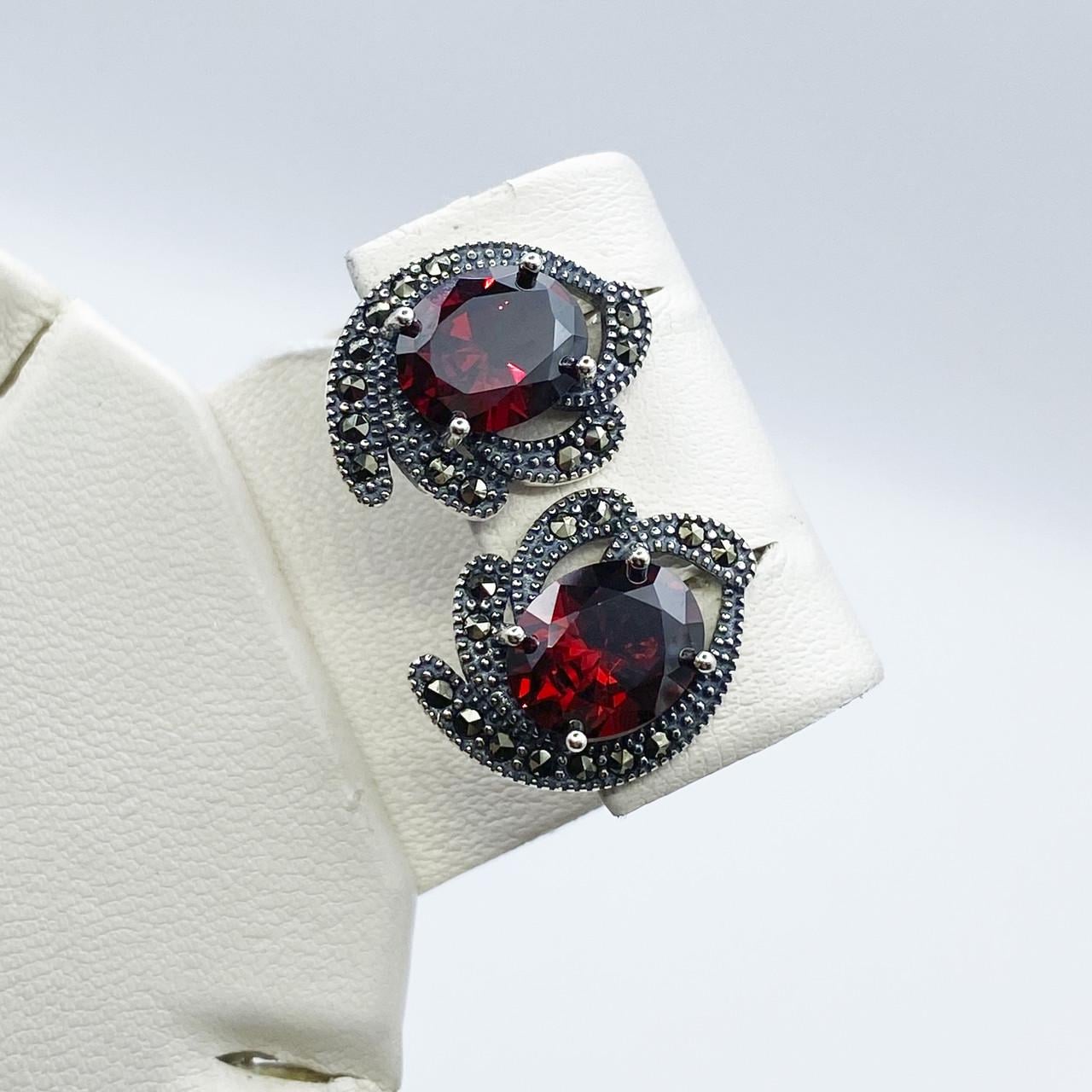 Серьги серебряные с гранатом и марказитом 6,95 г (2046592696)