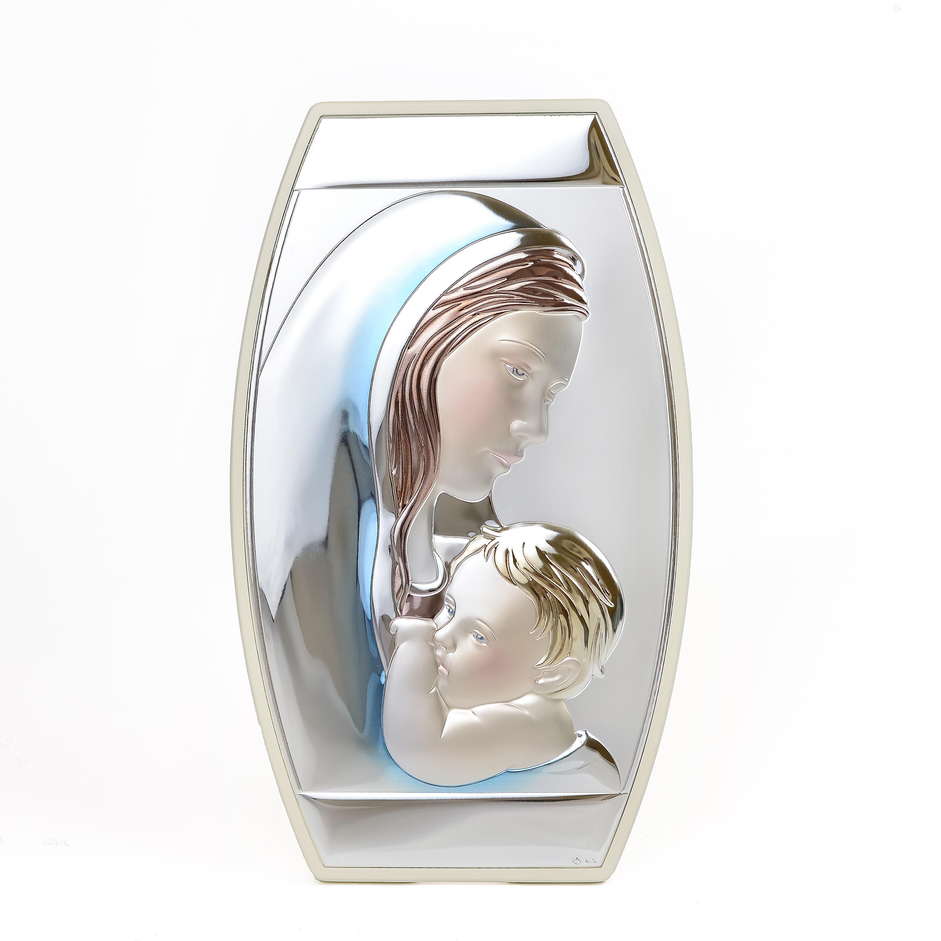 Срібна ікона Богородиця з немовлям емаль 20,5x34,5 см