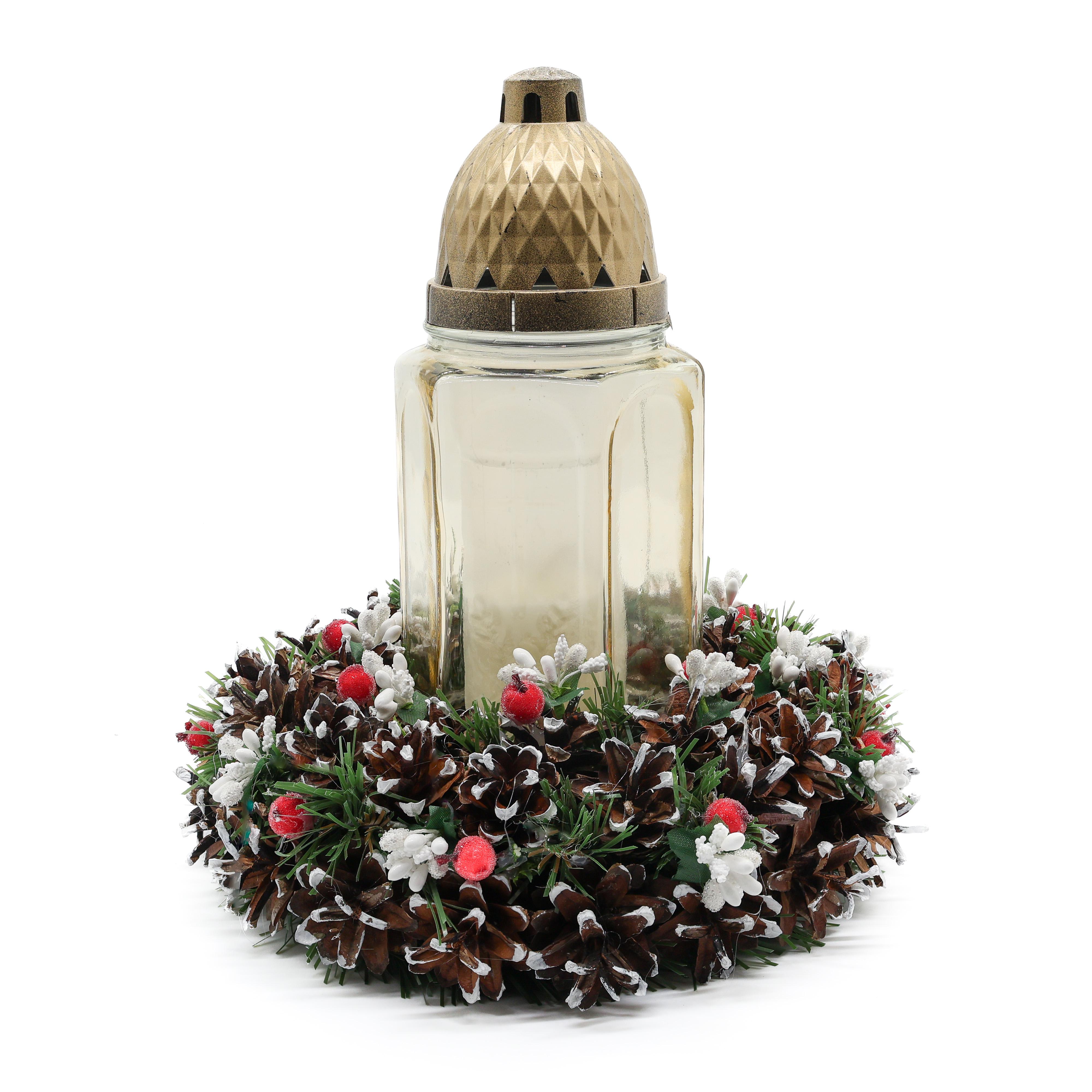 Рождественский венок декоративный GALA DECOR из шишек и ягод 22 см с лампадой 25 см Красно-белый