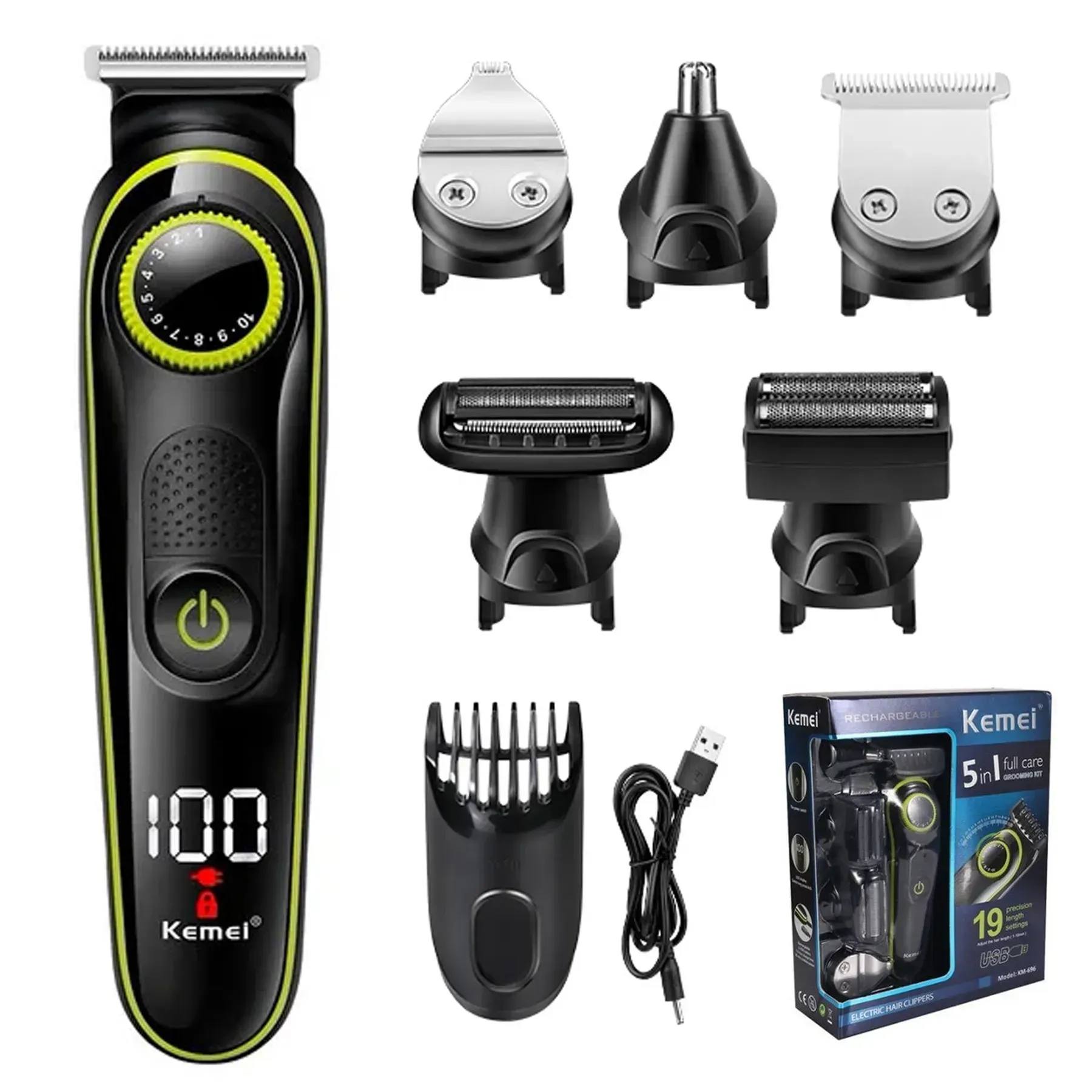 Тример акумуляторний Kemei KM-696 5в1 для стрижки волосся/бороди/носа/вух з LED-дисплеєм Чорний (ML-04533) Тример акумуляторний Kemei KM-696 5в1 для стрижки волосся/бороди/носа/вух з LED-дисплеєм Чорний (ML-04533)