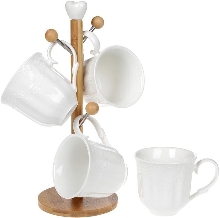 Чайный набор Ceram-Bamboo Кружево 4 кружки 330 мл на деревянной стойке (BD-289-312)