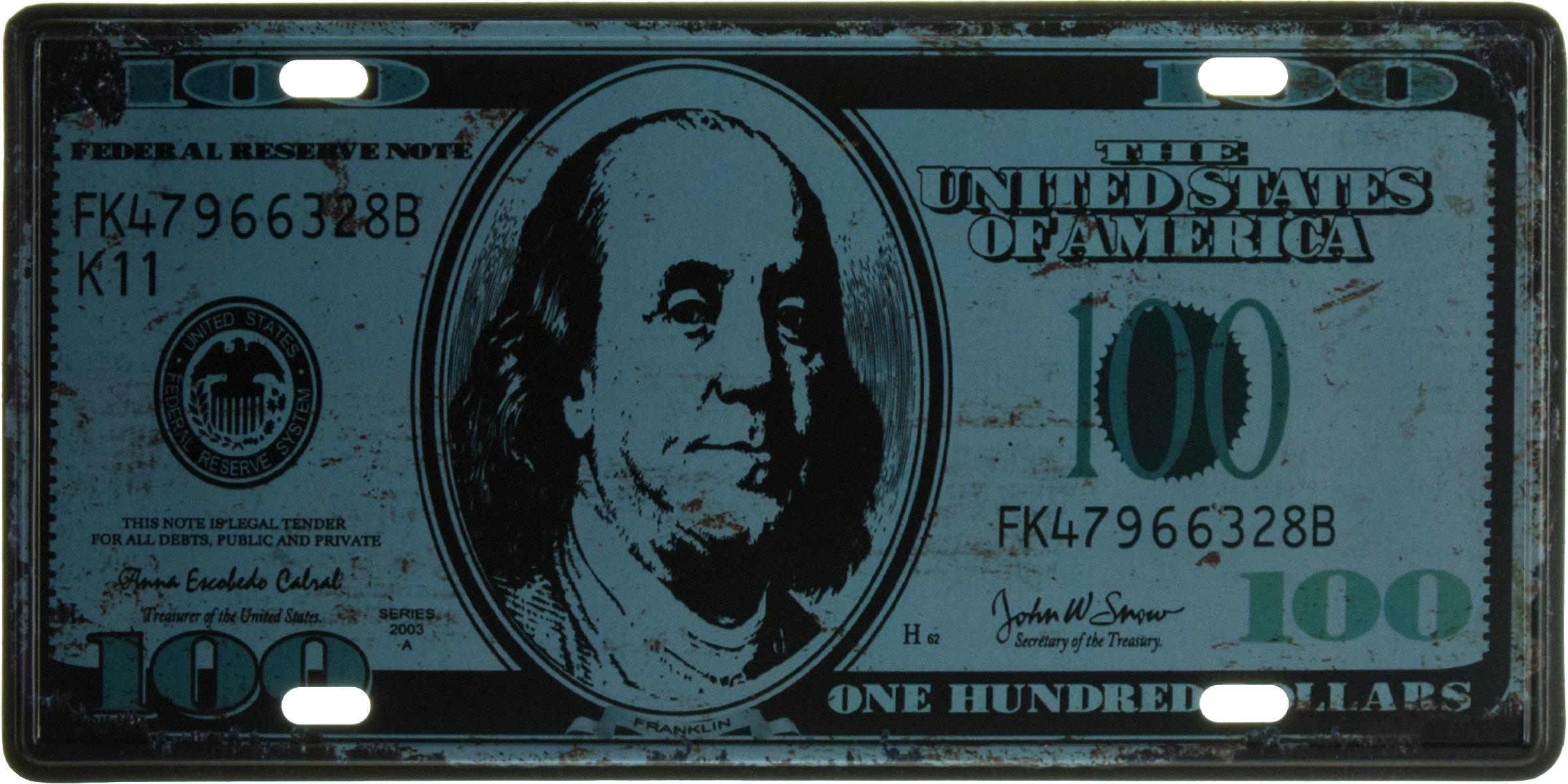 Табличка металева Сто Доларів Синій Фон/One Hundred Dollars 15x30 см