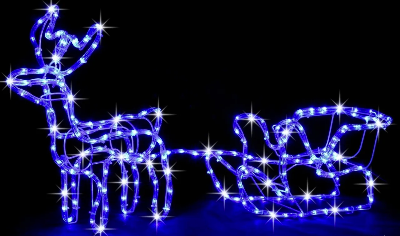 Светодиодная фигура из дюралайта «Новогодний олень» с санями маленький от сети Синий