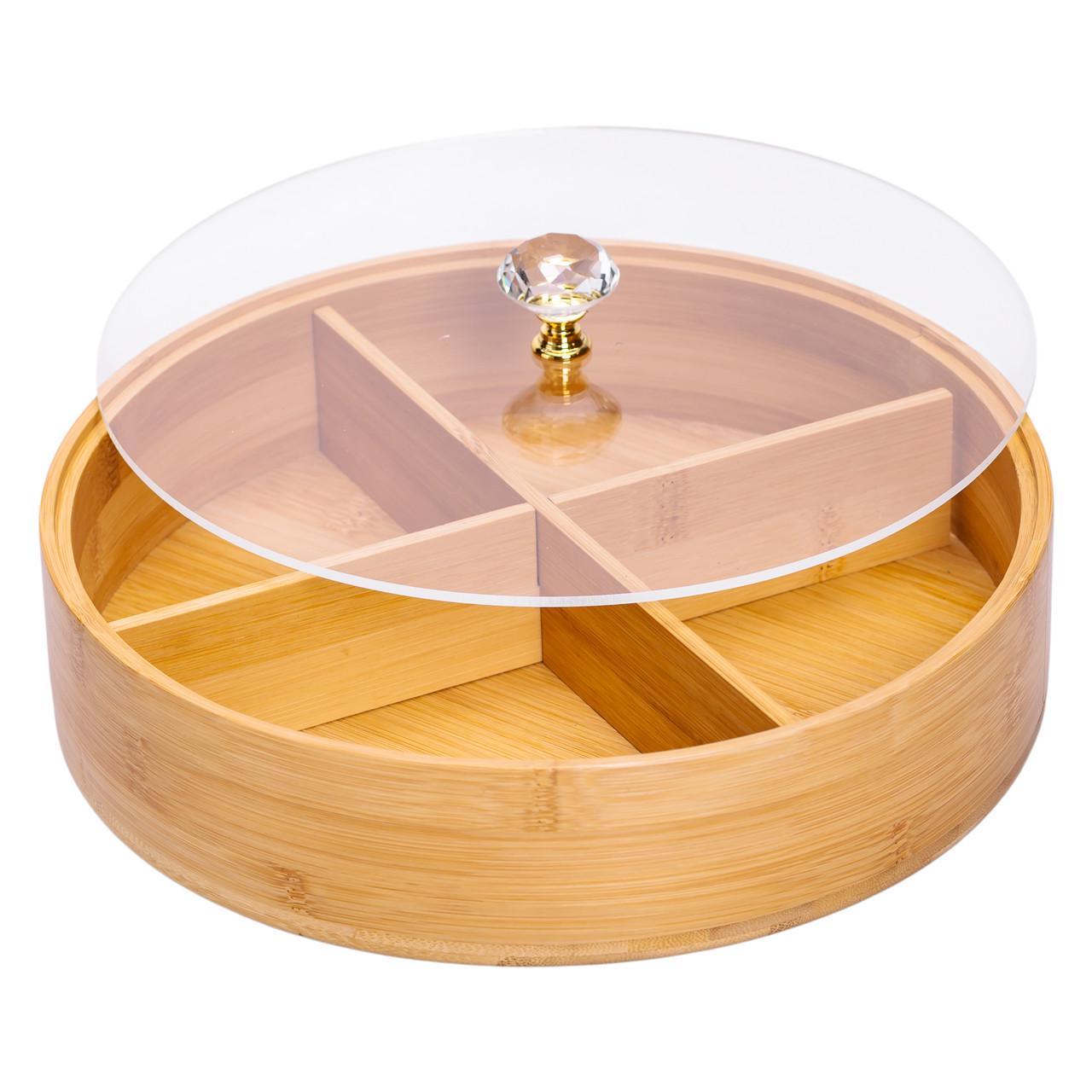 Менажниця дерев'яна на 4 секції з кришкою для закусок Ø 25 см кругла (HB-40-3) - фото 4 Менажниця дерев'яна на 4 секції з кришкою для закусок Ø 25 см кругла (HB-40-3) - фото 4