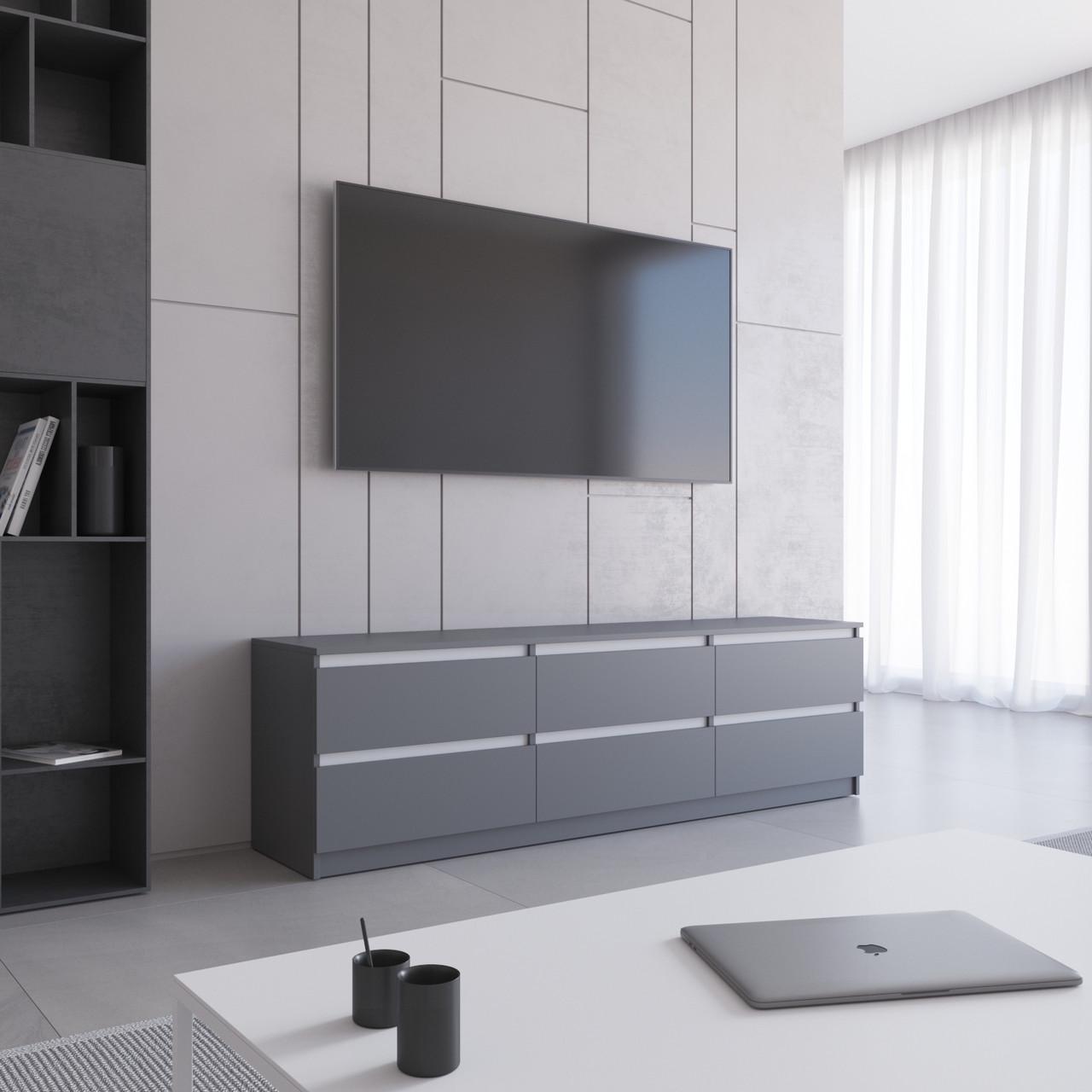 Тумба під телевізор Вайс R-12 1802х400х530 мм Антрацит/Білі планки (30665282) - фото 1 Тумба під телевізор Вайс R-12 1802х400х530 мм Антрацит/Білі планки (30665282) - фото 1