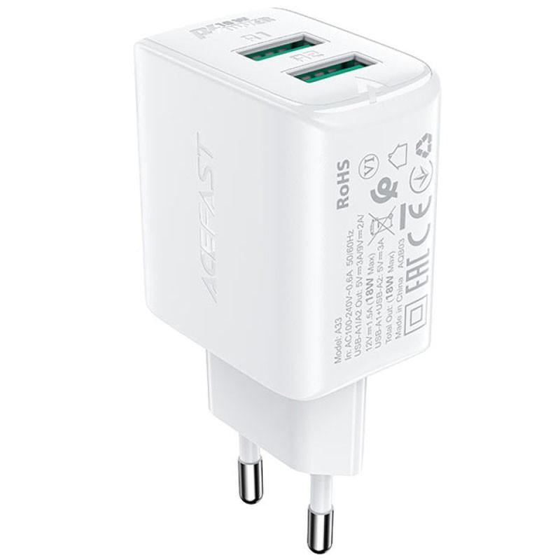 Зарядное устройство сетевое Acefast A33 QC18W USB-A/USB-A dual port White (00000065893_2) Зарядное устройство сетевое Acefast A33 QC18W USB-A/USB-A dual port White (00000065893_2)
