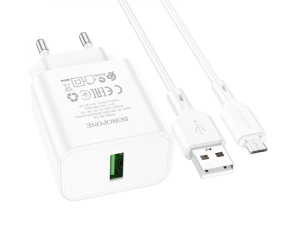 Устройство сетевое зарядное Borofone BA72A Spring USB QC3.0 cable USB-MicroUSB White