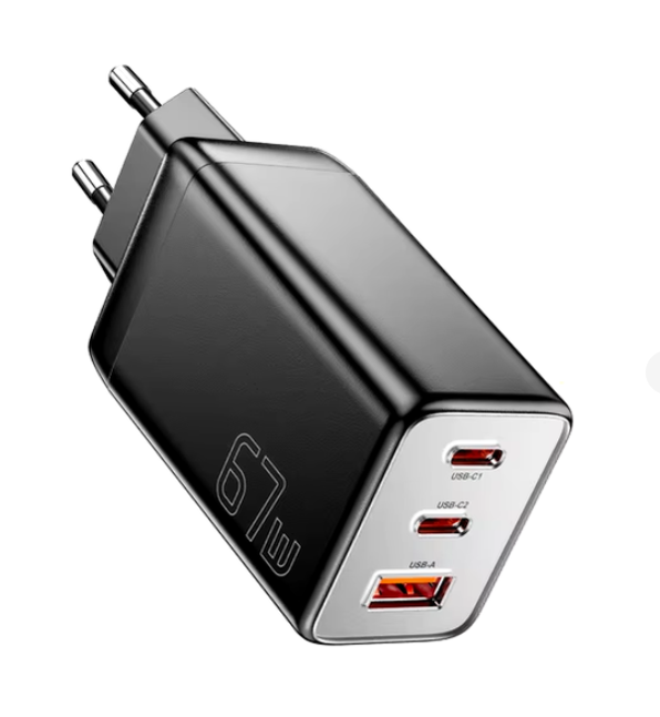 Зарядний пристрій Essager 67W GaN 2xType-C/USB-A QC4.0 PD3.0 Black