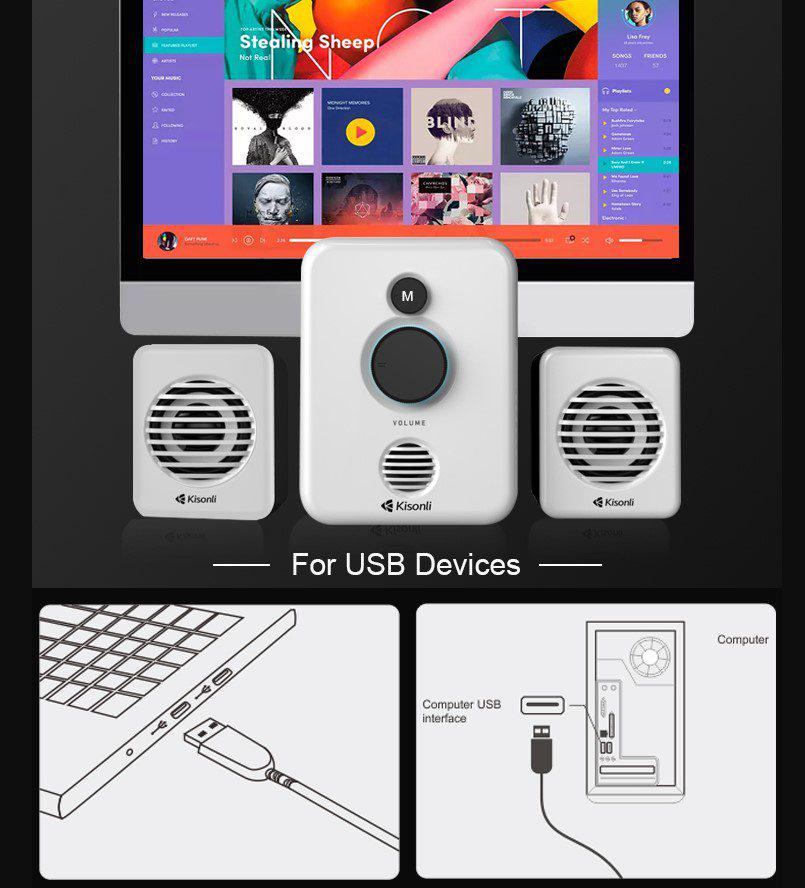 Колонки комп'ютерні Kisonli U3000BT 2.1 Bluetooth AUX 5 W/2x3 W Чорний/Білий (58921) - фото 3