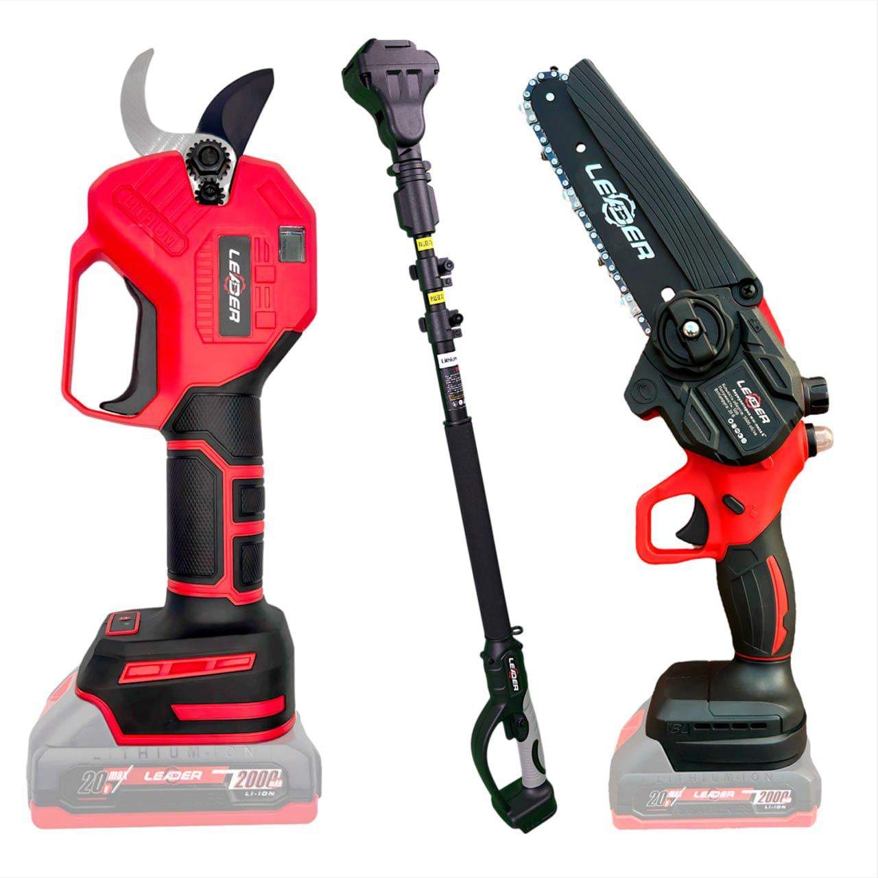 Секатор аккумуляторный Leader Optimal BL20-30D и аккумуляторная мини-пила Leader Ultra BL20-6S и телескопический удлинитель M1 Leader (id_4413)