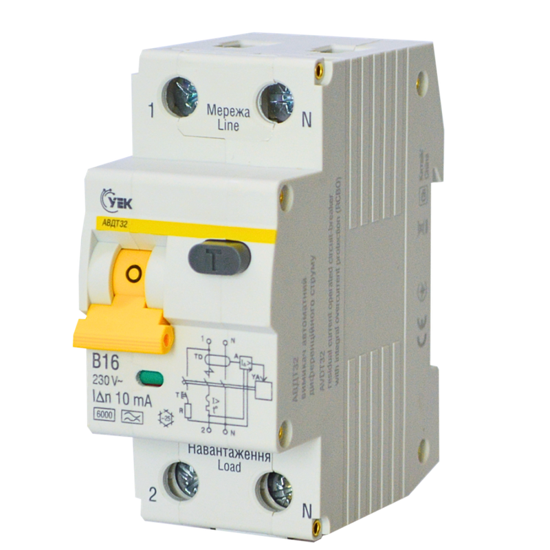 Выключатель дифференциальный УEK АВДТ32 2P 16A 10мА B тип А (MAD22-5-016-B-10-U)