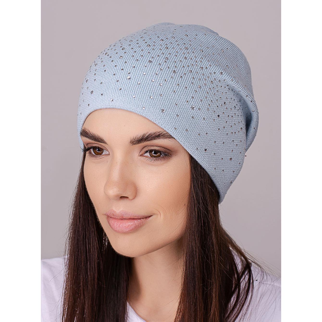 Шапка женская Leks ДЕНИМ с добавлением кашемира сзади скреплена утеплена флисом и украшена стразами one size Небесный (205438)