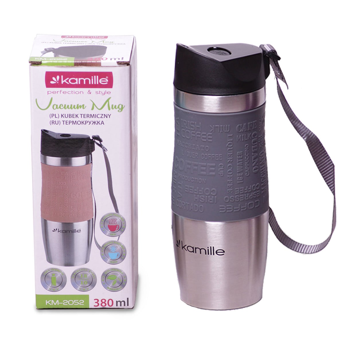 Термокружка Kamille 380 мл з нержавіючої сталі Сірий KM-2052SE