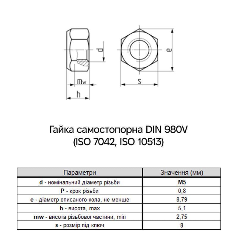 Гайка самостопорна Metalvis М5 DIN980V сталь 8 крок 0,8 під ключ 8 мм цинк білий 50 шт. (6V22000006V2050020) - фото 3 Гайка самостопорна Metalvis М5 DIN980V сталь 8 крок 0,8 під ключ 8 мм цинк білий 50 шт. (6V22000006V2050020) - фото 3