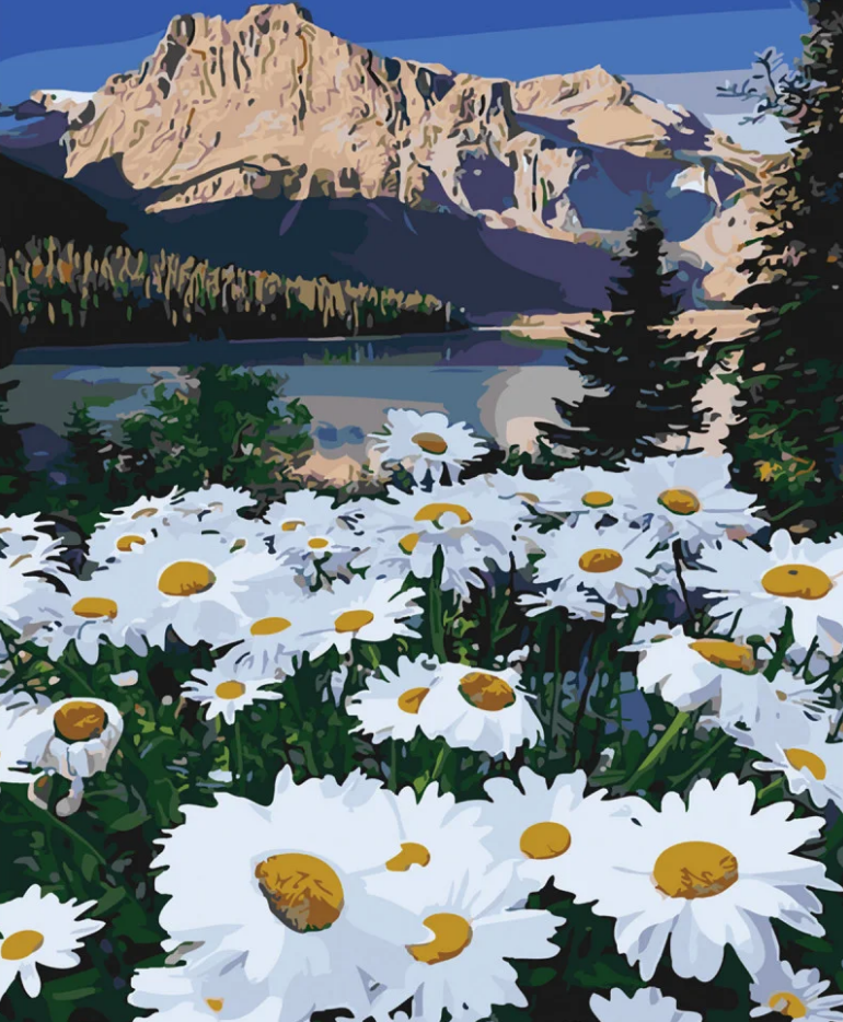 Картина по номерам Strateg Премиум Поляна среди гор с лаком и уровнем 40x50 см (SY6082)