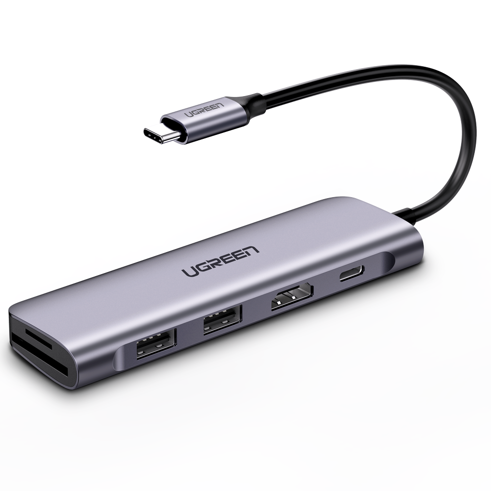 USB-хаб UGREEN USB-C to 2 Ports USB3.0-A Hub + HDMI + TF/SD с PD Power Supply Space Gray (UGR-70411)