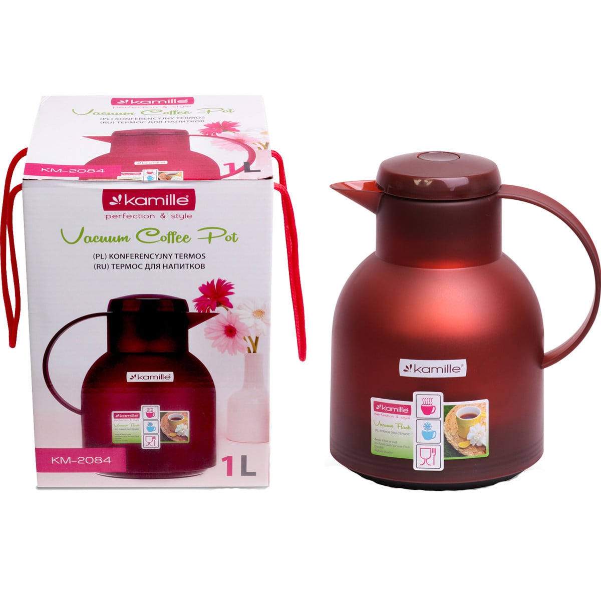 Термос Kamille 1000 мл пластиковый со стеклянной колбой Коричневый KM-2084KR
