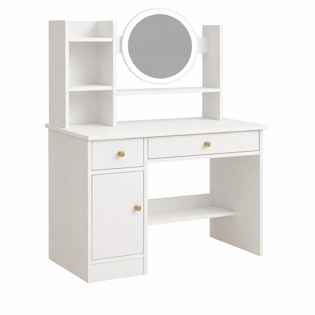 Туалетний столик STL-MD 73 з дзеркалом та LED-підсвіткою з поличками та шухлядами Білий (STLMD73)