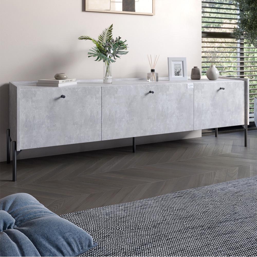Тумба под телевизор на 3 ящика Lion Wood с черными ножками 160х65х40 см Бетон (Lion-043093)