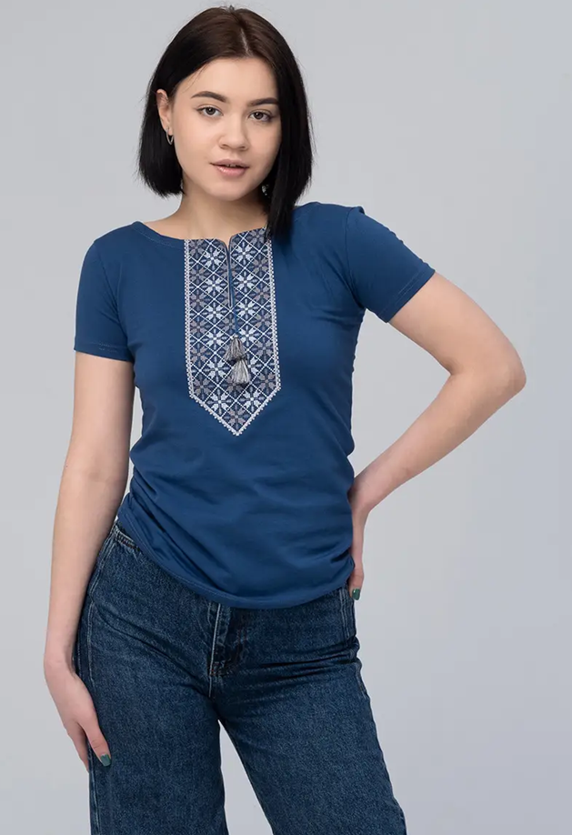 Футболка-вышиванка женская трикотажная М Синий (ж-106-m) - фото 2 Футболка-вышиванка женская трикотажная М Синий (ж-106-m) - фото 2