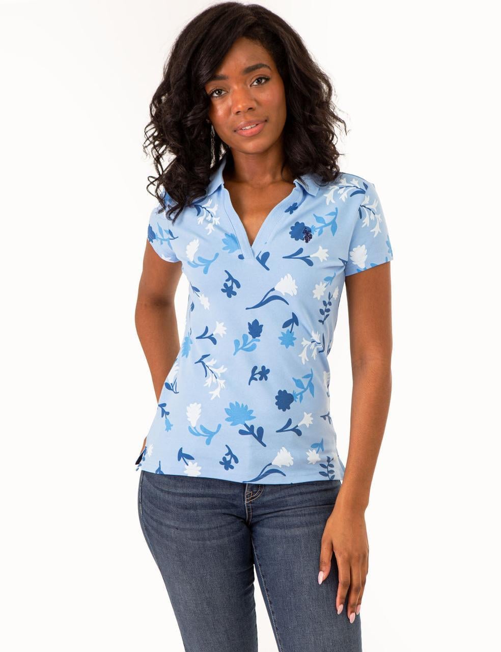 Поло женское US Polo ASSN FloraL PRINT SPLIT XS Голубой (786660554694)