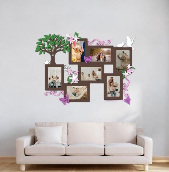 Панно деревянное Decart Дорогие моменты Семейное дерево декор для гостиной комнаты 110x81 см рамки 15x21 cм 7 шт.