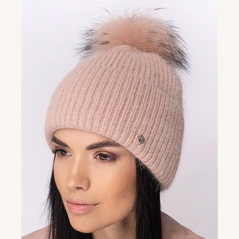 Шапка женская Leks ЛОЛИТА с песцовым помпоном утепленная флисом с отворотом one size Антик