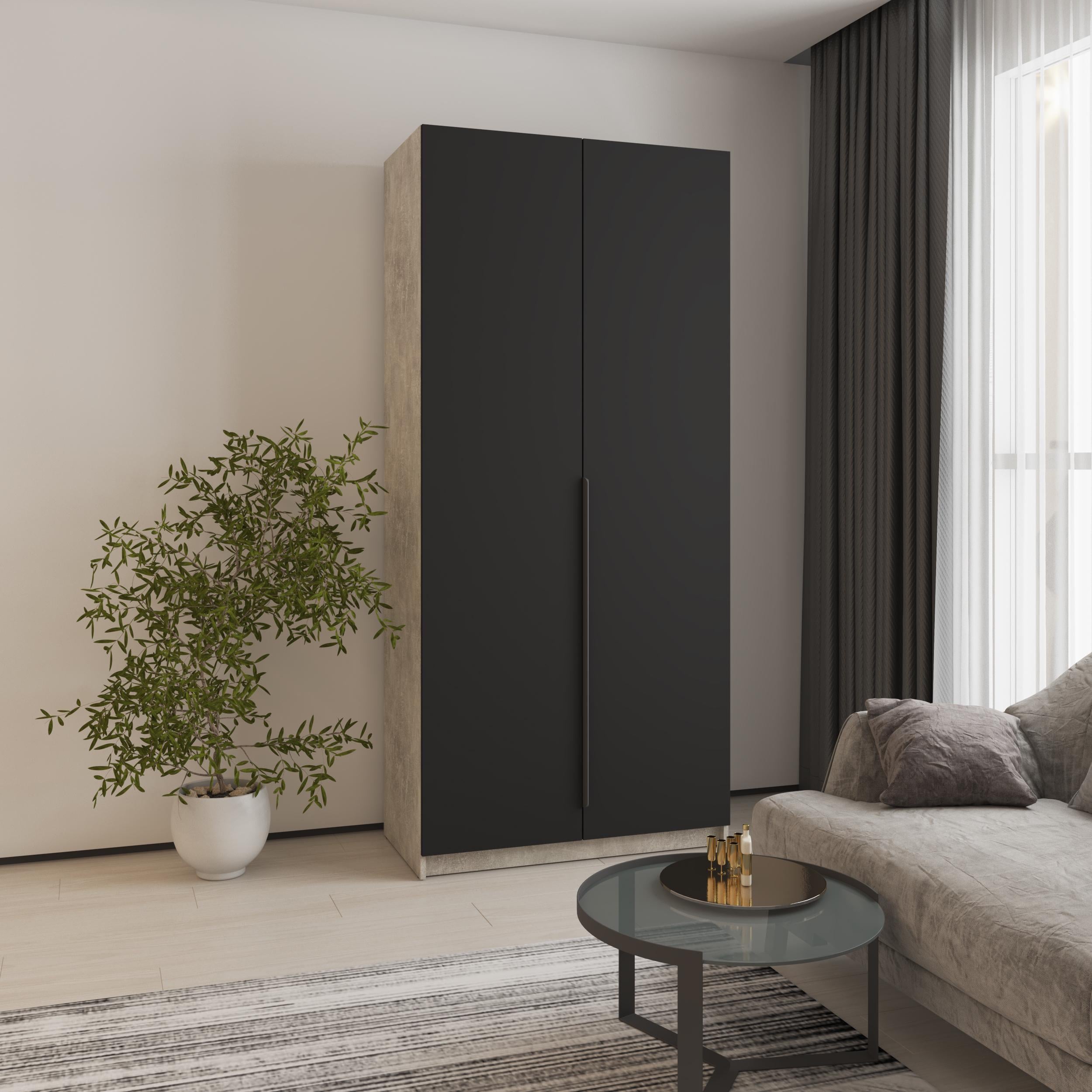 Шкаф 2-дверный MebelStar Оскар МДФ Ultra Mat BL-B блок ящиков 100x52x220 см Бетон/Черный (MBS-5643)