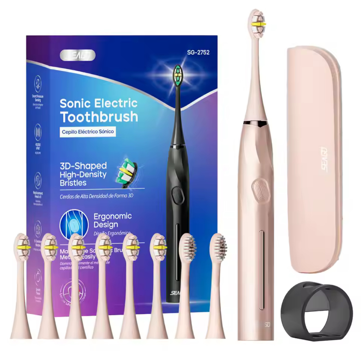 Электрическая зубная щетка Seago Sonic SG2752 с таймером и интервальной чисткой 5 режимов 8 насадок и кейс/подставка Розовый (1841)