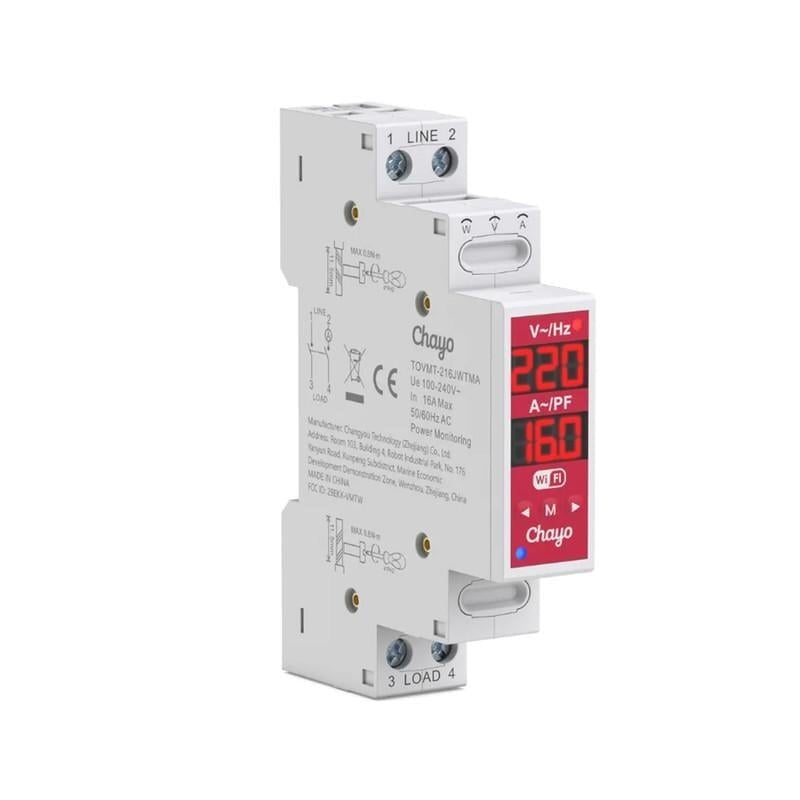 Розумний WiFi вимикач Chayo з повним захистом/лічильниками/таймером 2P 16A 230V Smart Life/Tuya (CH-TOVMT-216JWTMA)