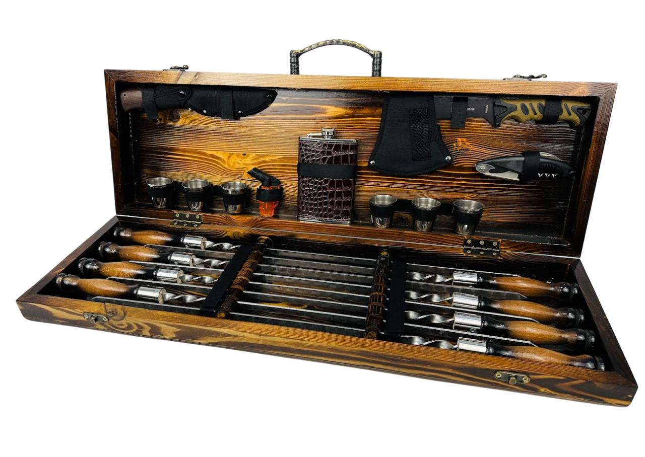 Набор шампуров ручной работы Охотник LUX с аксессуарами 19 предметов в кейсе 75х24х10 см Коричневый (124-10-KS-7806)
