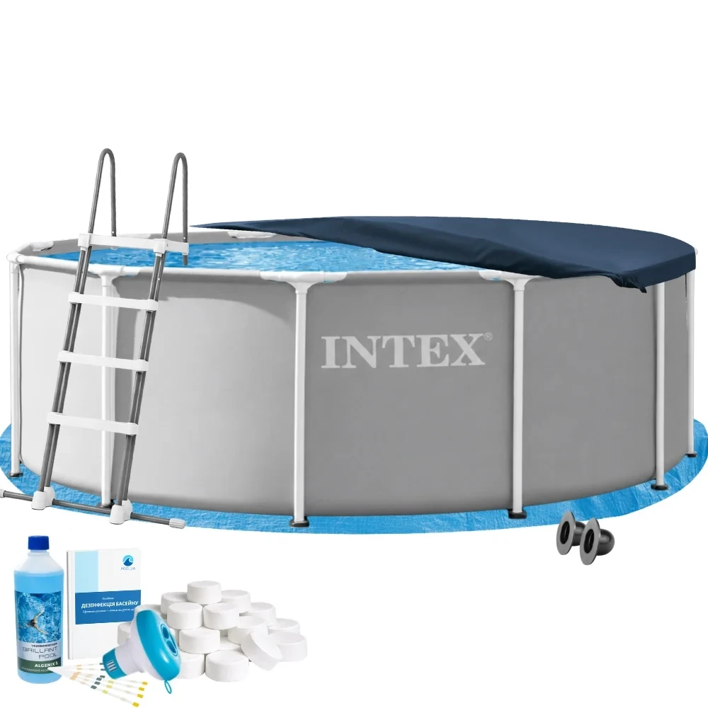 Бассейн каркасный круглый Intex 26718FR-6в1 с лестницей тентом подстилкой и химией 366х122 см Серый (147-9-26718FR-6)