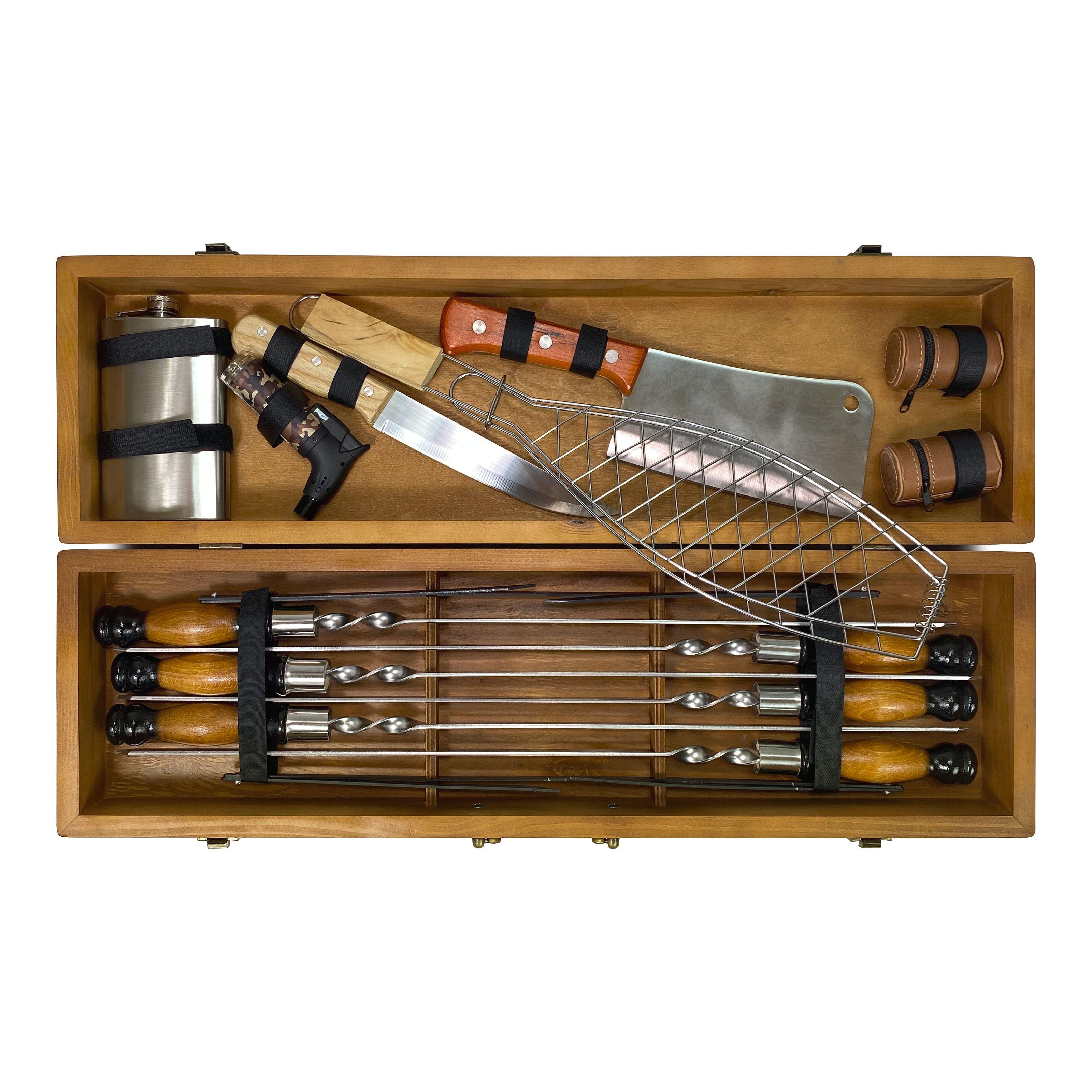 Подарунковий набір шампурів Mzavod Майстер BBQ із нержавіючої сталі в дерев’яному кейсі 720x120x210 мм 20 пр. (136-17-1190210000811) - фото 4