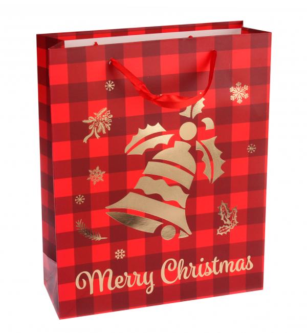 Новогодний пакет Christmas bell 26x32x10 см ламинированный картон Красный